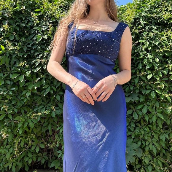 90s navy iridescent floor length prom dress - Picture 3 of 8